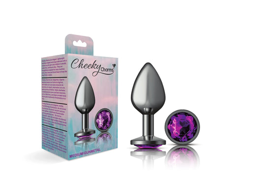 Cheeky Charms-Gunmetal Metal Butt Plug- Round-Deep Purple-Medium | 850018691246 | Available at EroticWarehouse.com