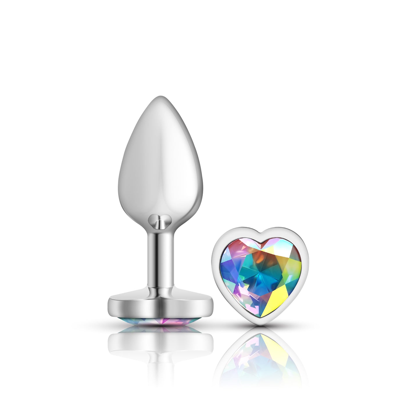Cheeky Charms-Silver Metal Butt Plug- Heart-Clear-Small | 850018691260 | Available at EroticWarehouse.com