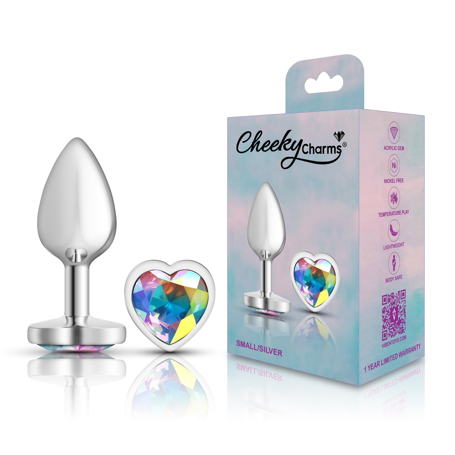 Cheeky Charms-Silver Metal Butt Plug- Heart-Clear-Small | 850018691260 | Available at EroticWarehouse.com