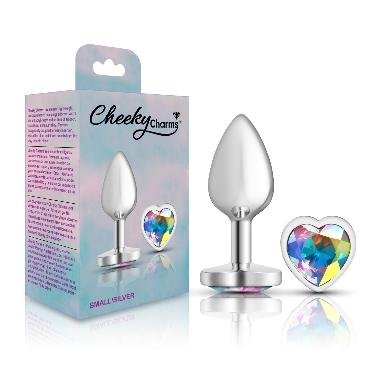 Cheeky Charms-Silver Metal Butt Plug- Heart-Clear-Small | 850018691260 | Available at EroticWarehouse.com