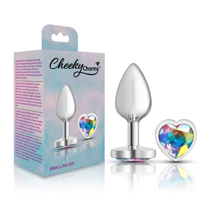 Cheeky Charms-Silver Metal Butt Plug- Heart-Clear-Small | 850018691260 | Available at EroticWarehouse.com
