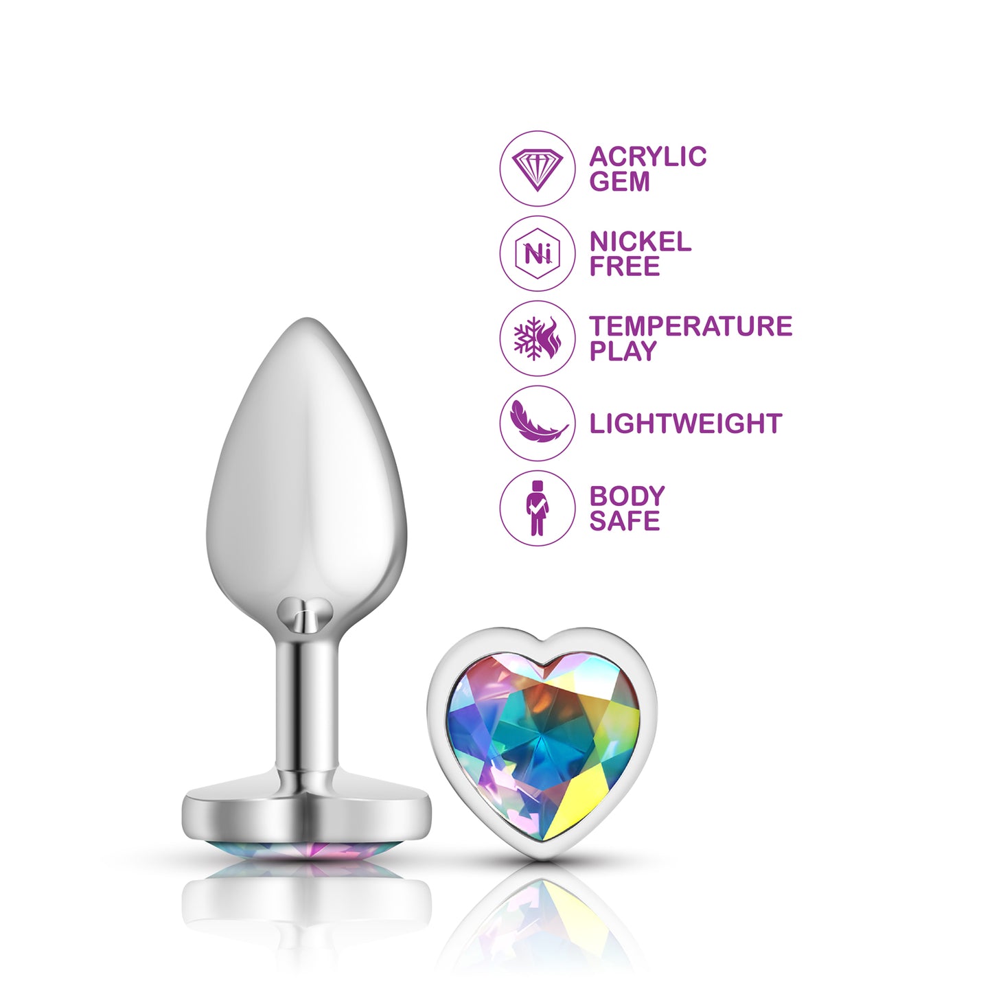 Cheeky Charms-Silver Metal Butt Plug- Heart-Clear-Small | 850018691260 | Available at EroticWarehouse.com