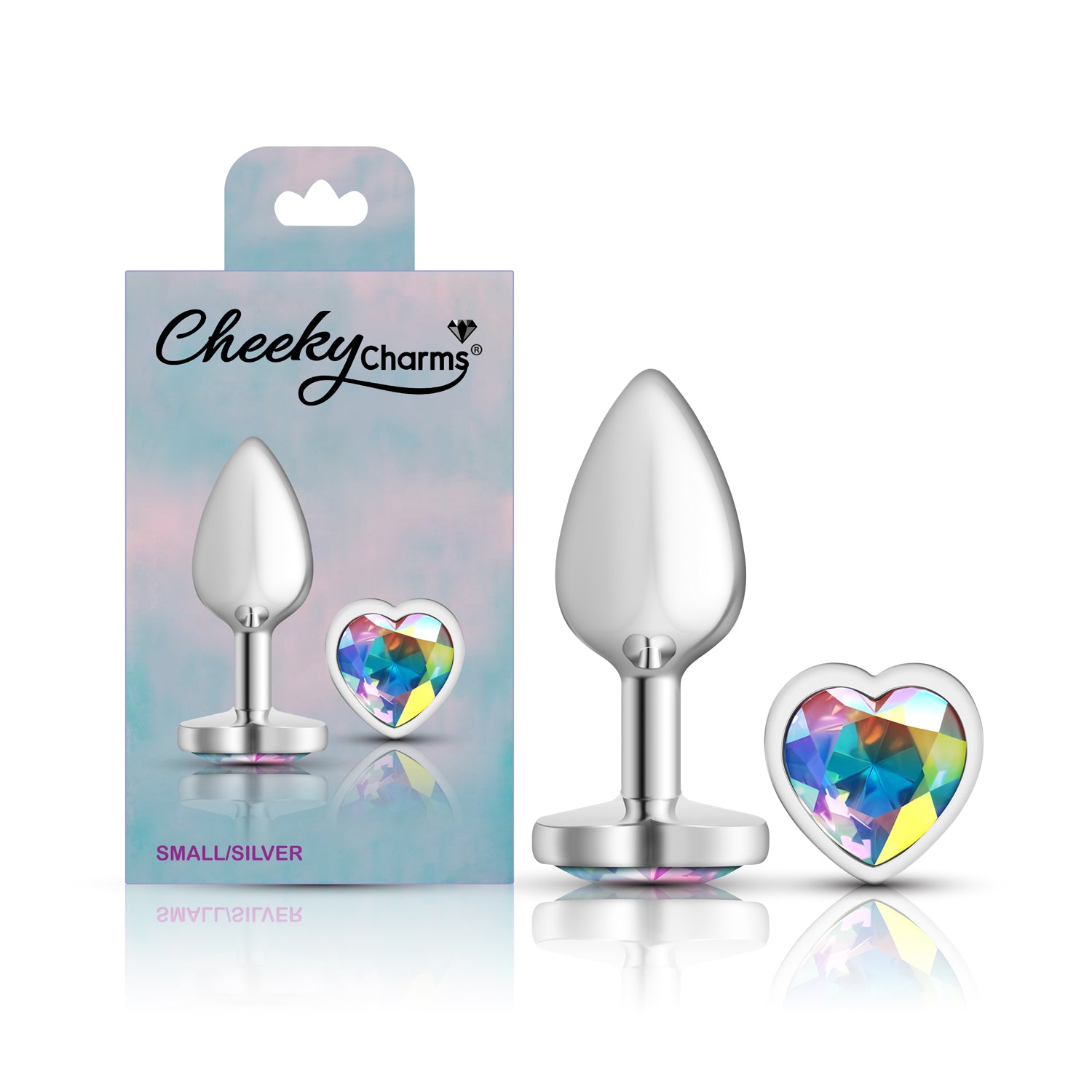 Cheeky Charms-Silver Metal Butt Plug- Heart-Clear-Small | 850018691260 | Available at EroticWarehouse.com