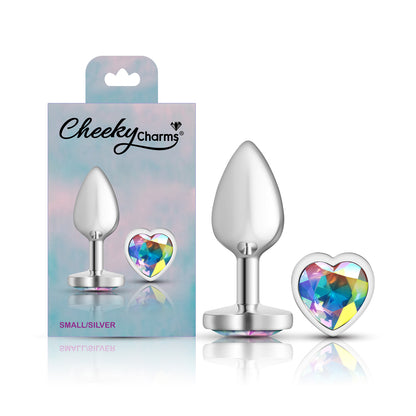 Cheeky Charms-Silver Metal Butt Plug- Heart-Clear-Small | 850018691260 | Available at EroticWarehouse.com