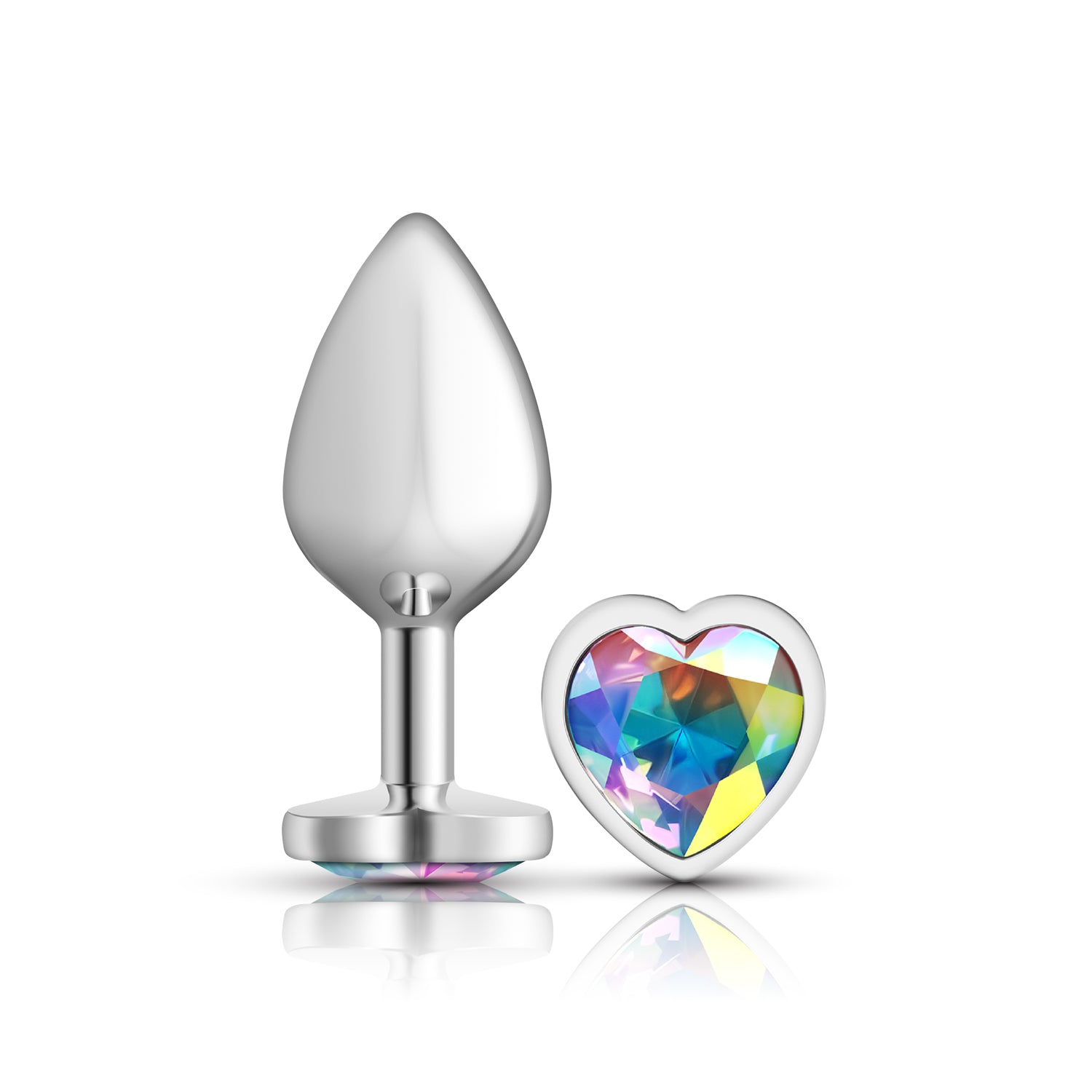 Cheeky Charms-Silver Metal Butt Plug- Heart-Clear-Medium | 850018691277 | Available at EroticWarehouse.com