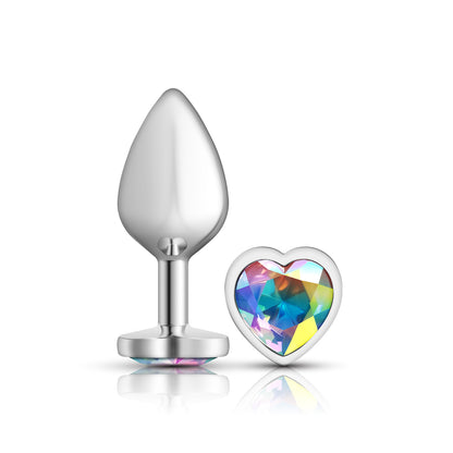 Cheeky Charms-Silver Metal Butt Plug- Heart-Clear-Medium | 850018691277 | Available at EroticWarehouse.com