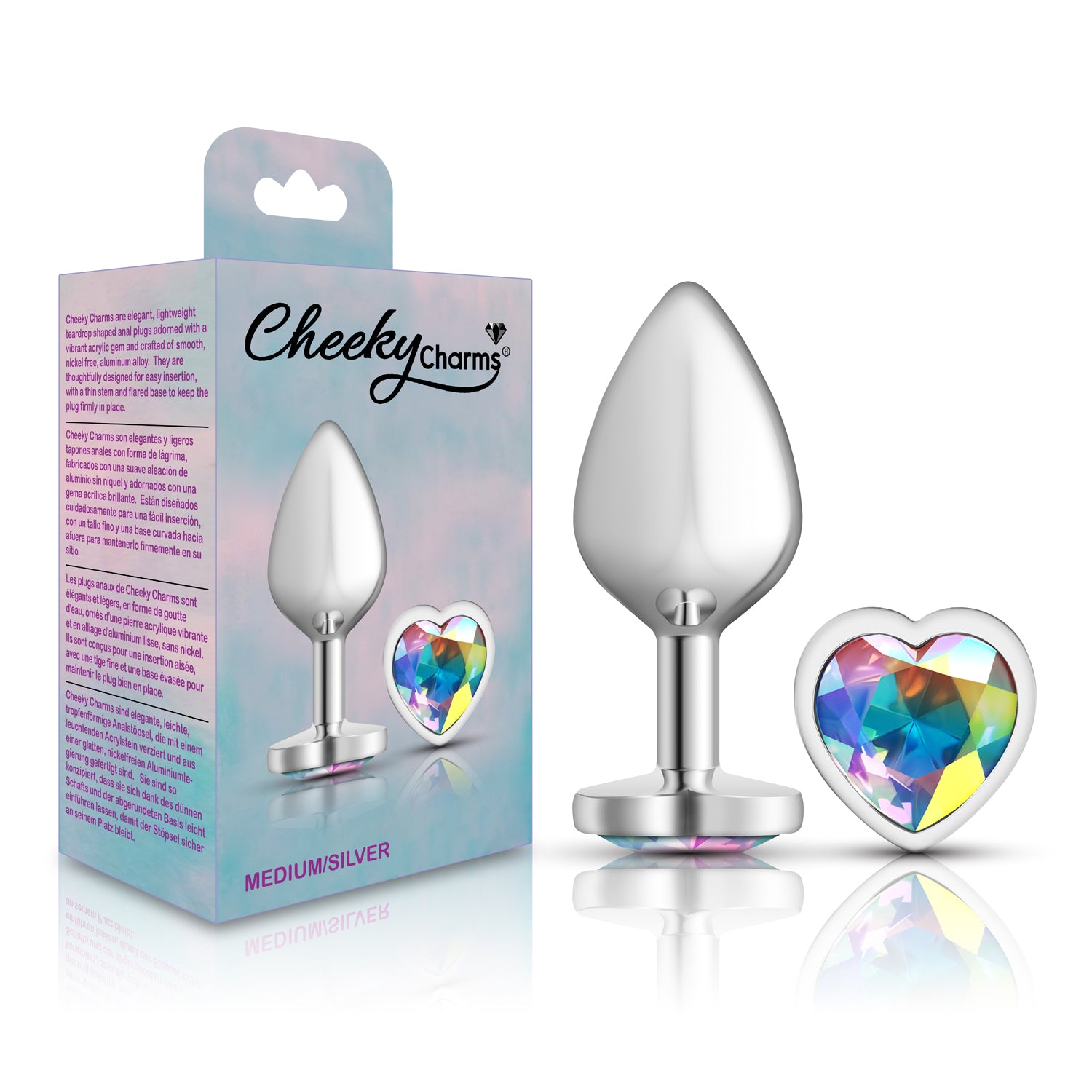 Cheeky Charms-Silver Metal Butt Plug- Heart-Clear-Medium | 850018691277 | Available at EroticWarehouse.com