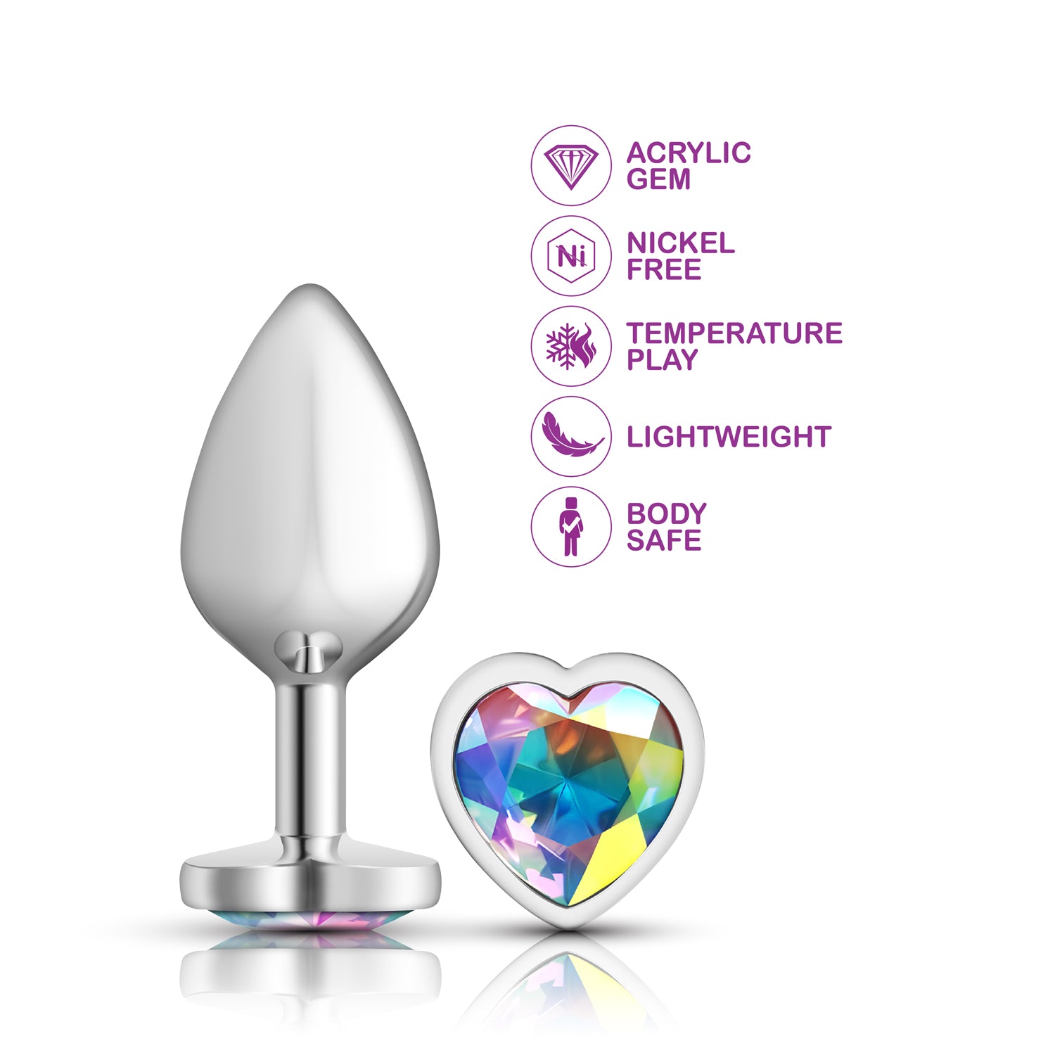 Cheeky Charms-Silver Metal Butt Plug- Heart-Clear-Medium | 850018691277 | Available at EroticWarehouse.com
