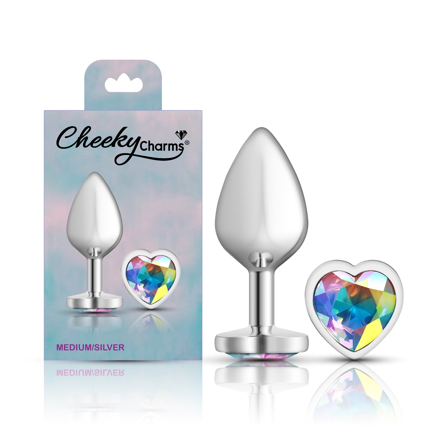 Cheeky Charms-Silver Metal Butt Plug- Heart-Clear-Medium | 850018691277 | Available at EroticWarehouse.com