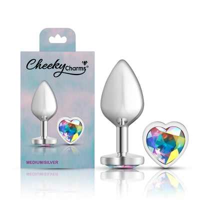 Cheeky Charms-Silver Metal Butt Plug- Heart-Clear-Medium | 850018691277 | Available at EroticWarehouse.com