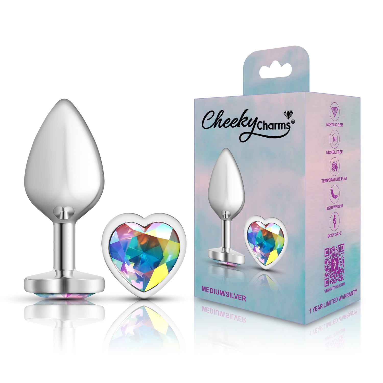 Cheeky Charms-Silver Metal Butt Plug- Heart-Clear-Medium | 850018691277 | Available at EroticWarehouse.com