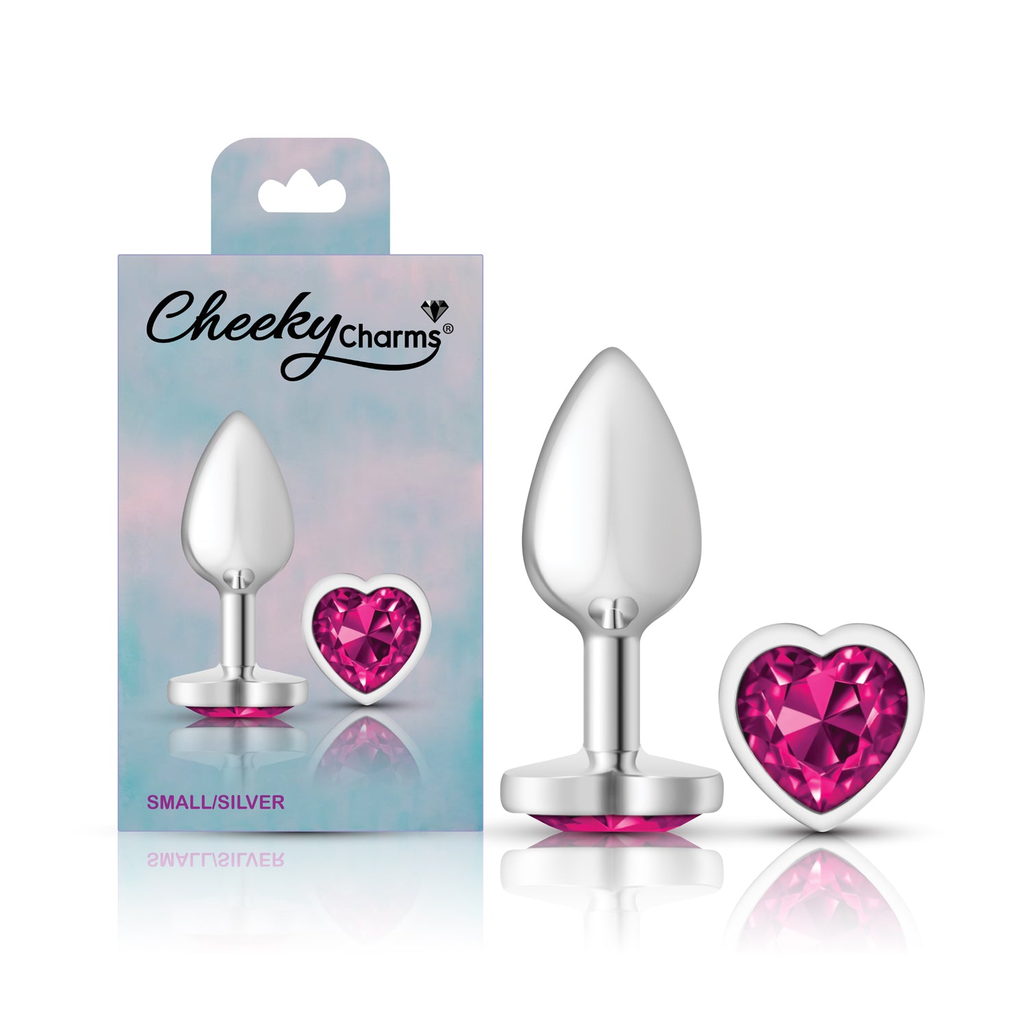 Cheeky Charms-Silver Metal Butt Plug- Heart-Bright Pink-Small | 850018691291 | Available at EroticWarehouse.com