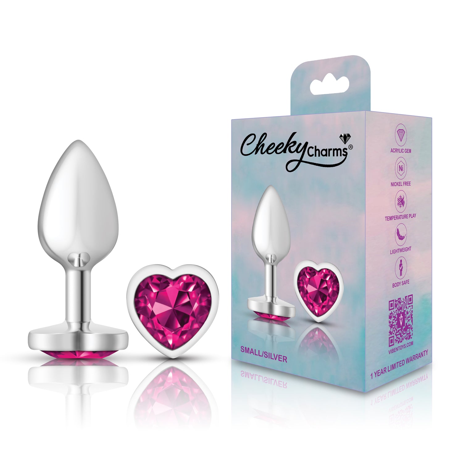 Cheeky Charms-Silver Metal Butt Plug- Heart-Bright Pink-Small | 850018691291 | Available at EroticWarehouse.com