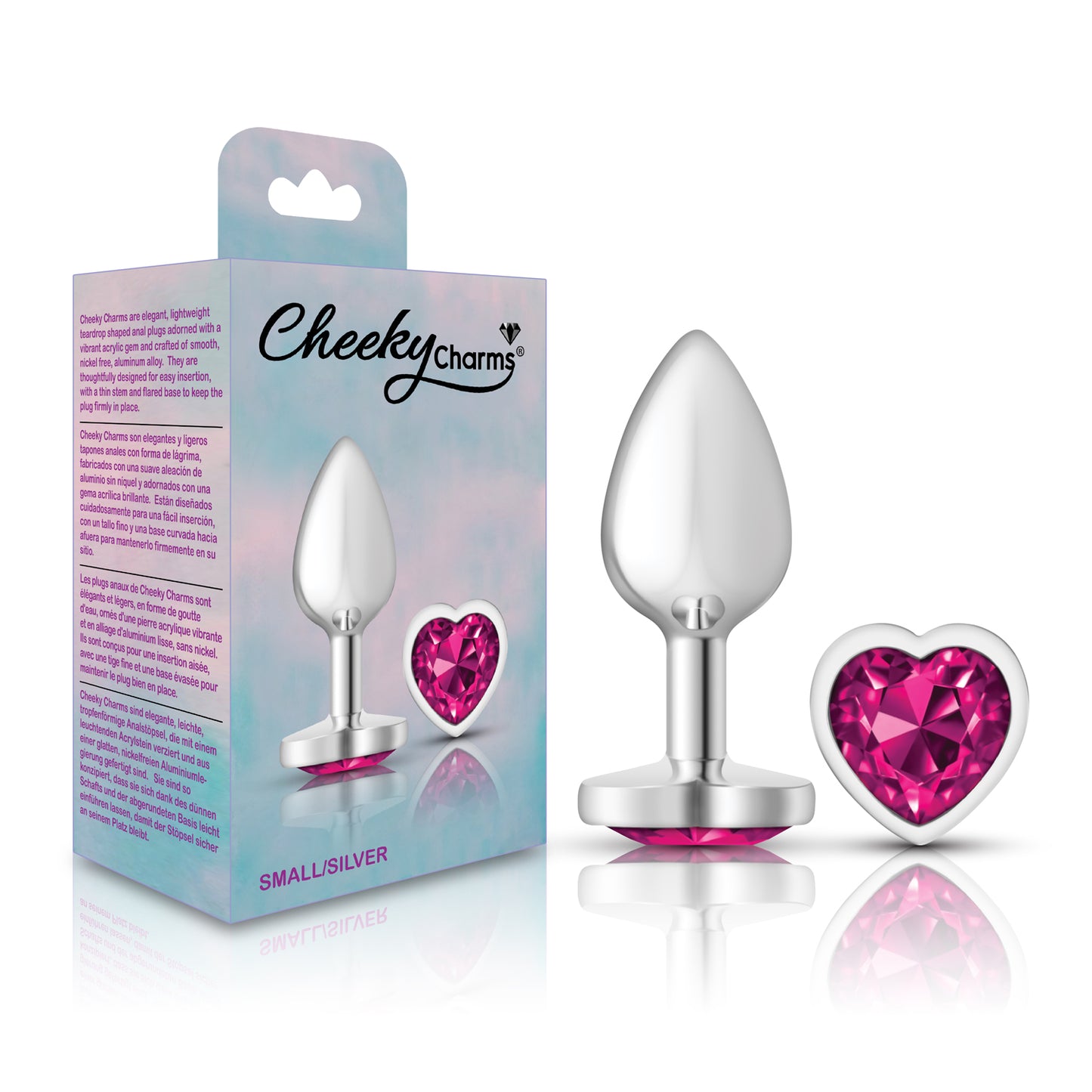 Cheeky Charms-Silver Metal Butt Plug- Heart-Bright Pink-Small | 850018691291 | Available at EroticWarehouse.com