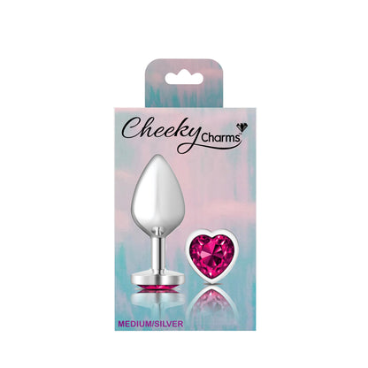 Cheeky Charms-Silver Metal Butt Plug- Heart-Bright Pink-Medium | 850018691307 | Available at EroticWarehouse.com