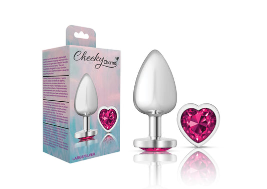 Cheeky Charms-Silver Metal Butt Plug- Heart-Bright Pink-Large | 850018691314 | Available at EroticWarehouse.com