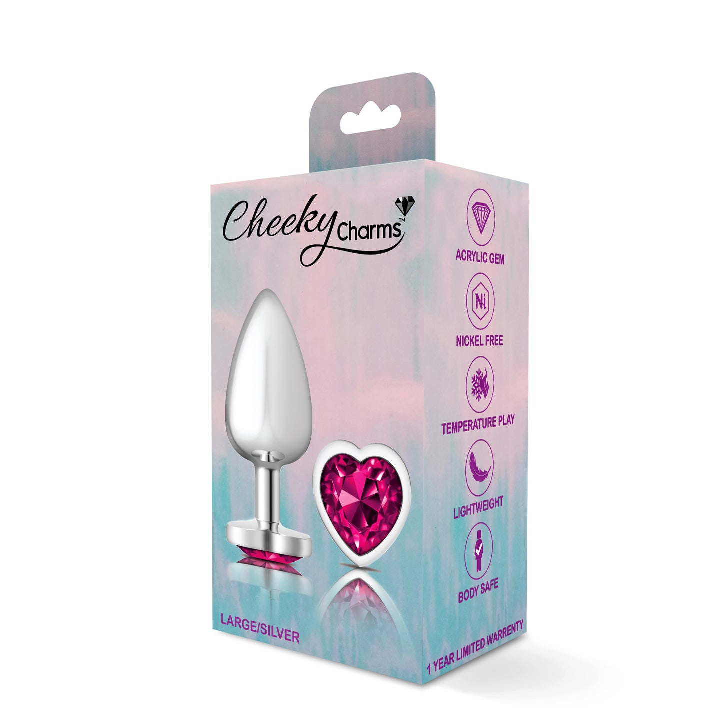 Cheeky Charms-Silver Metal Butt Plug- Heart-Bright Pink-Large | 850018691314 | Available at EroticWarehouse.com