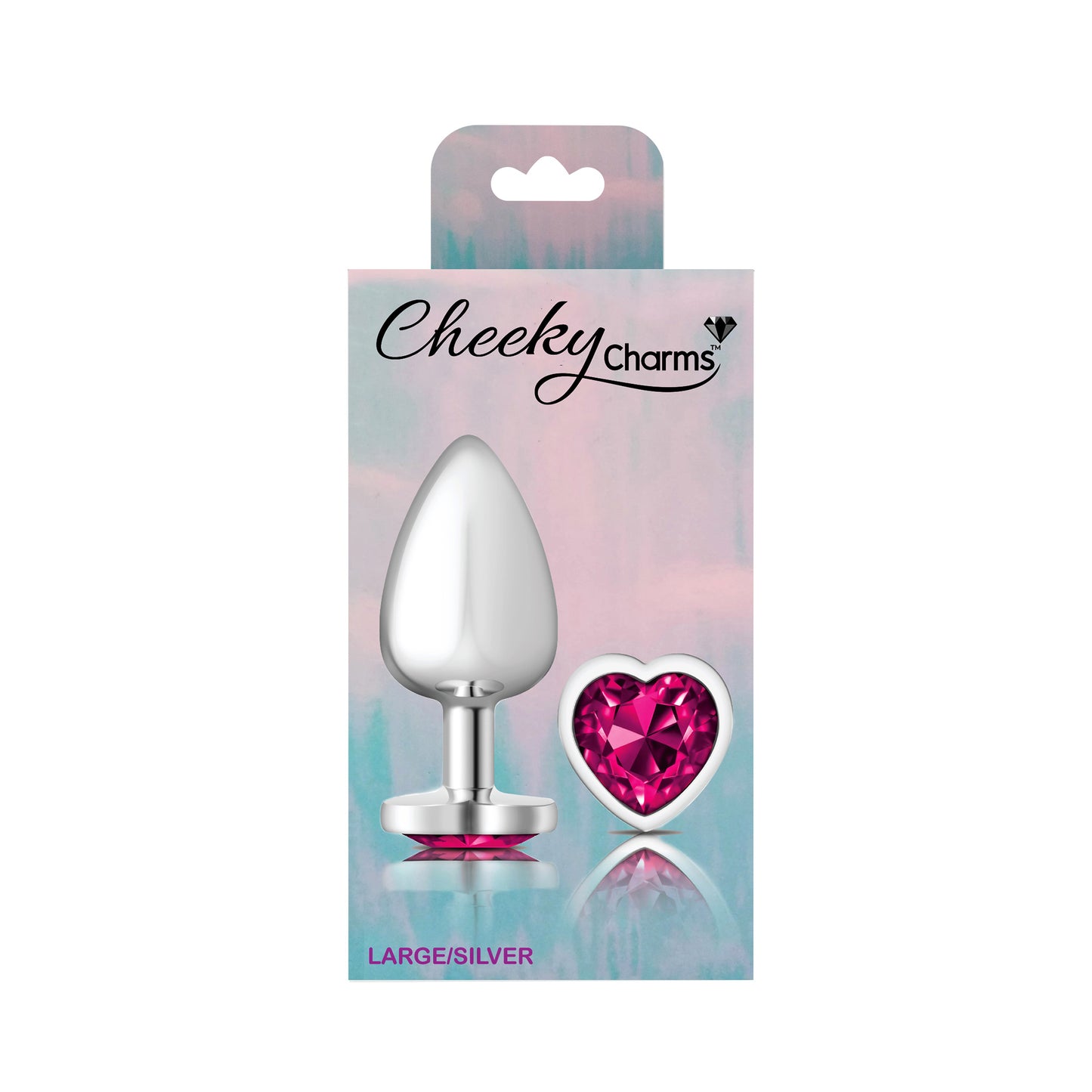 Cheeky Charms-Silver Metal Butt Plug- Heart-Bright Pink-Large | 850018691314 | Available at EroticWarehouse.com