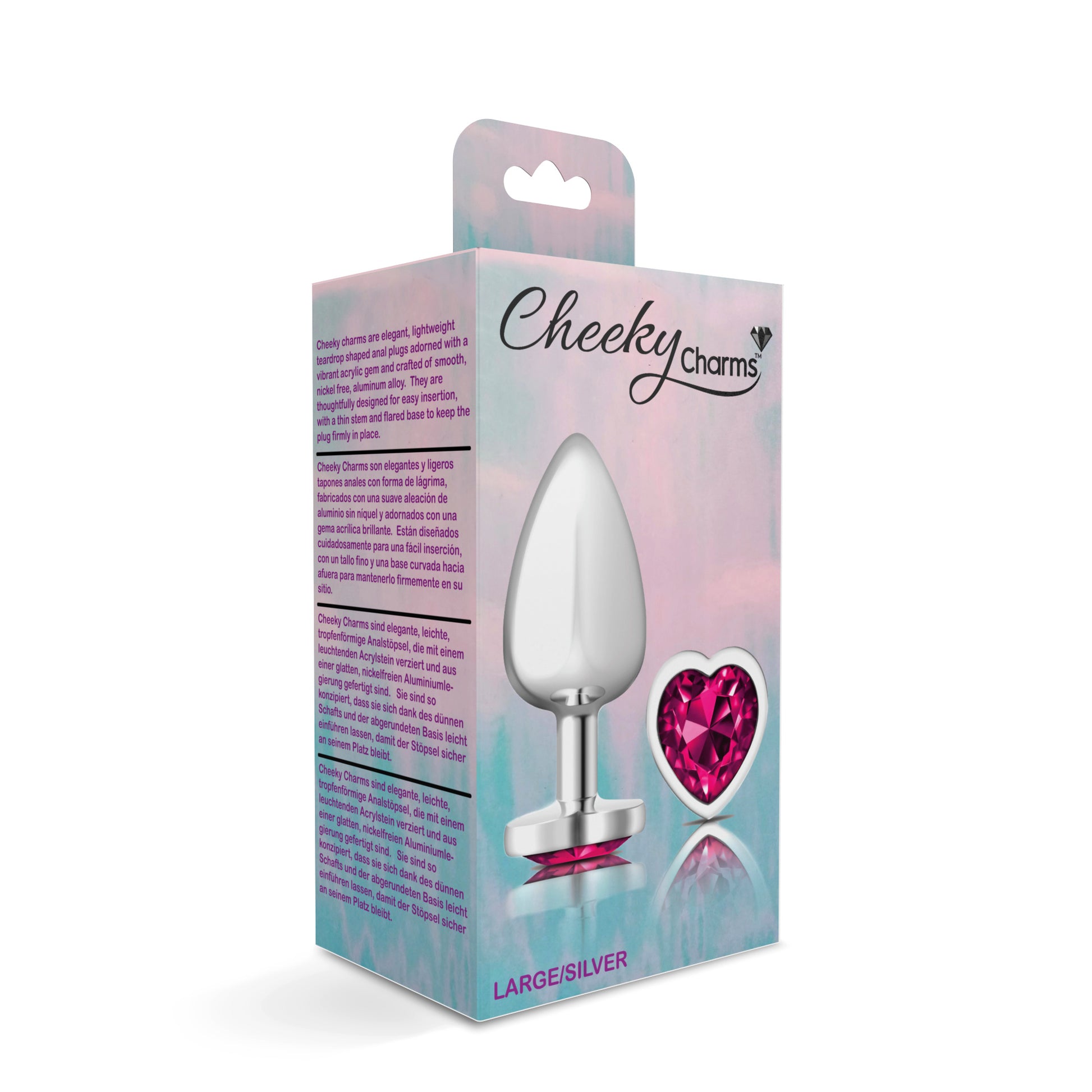 Cheeky Charms-Silver Metal Butt Plug- Heart-Bright Pink-Large | 850018691314 | Available at EroticWarehouse.com