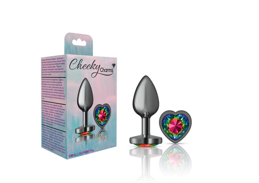 Cheeky Charms-Gunmetal Metal Butt Plug- Heart-Rainbow-Small | 850018691321 | Available at EroticWarehouse.com