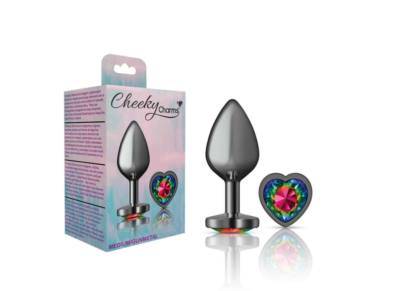 Cheeky Charms-Gunmetal Metal Buttplug- Heart-Rainbow-Medium | 850018691338 | Available at EroticWarehouse.com