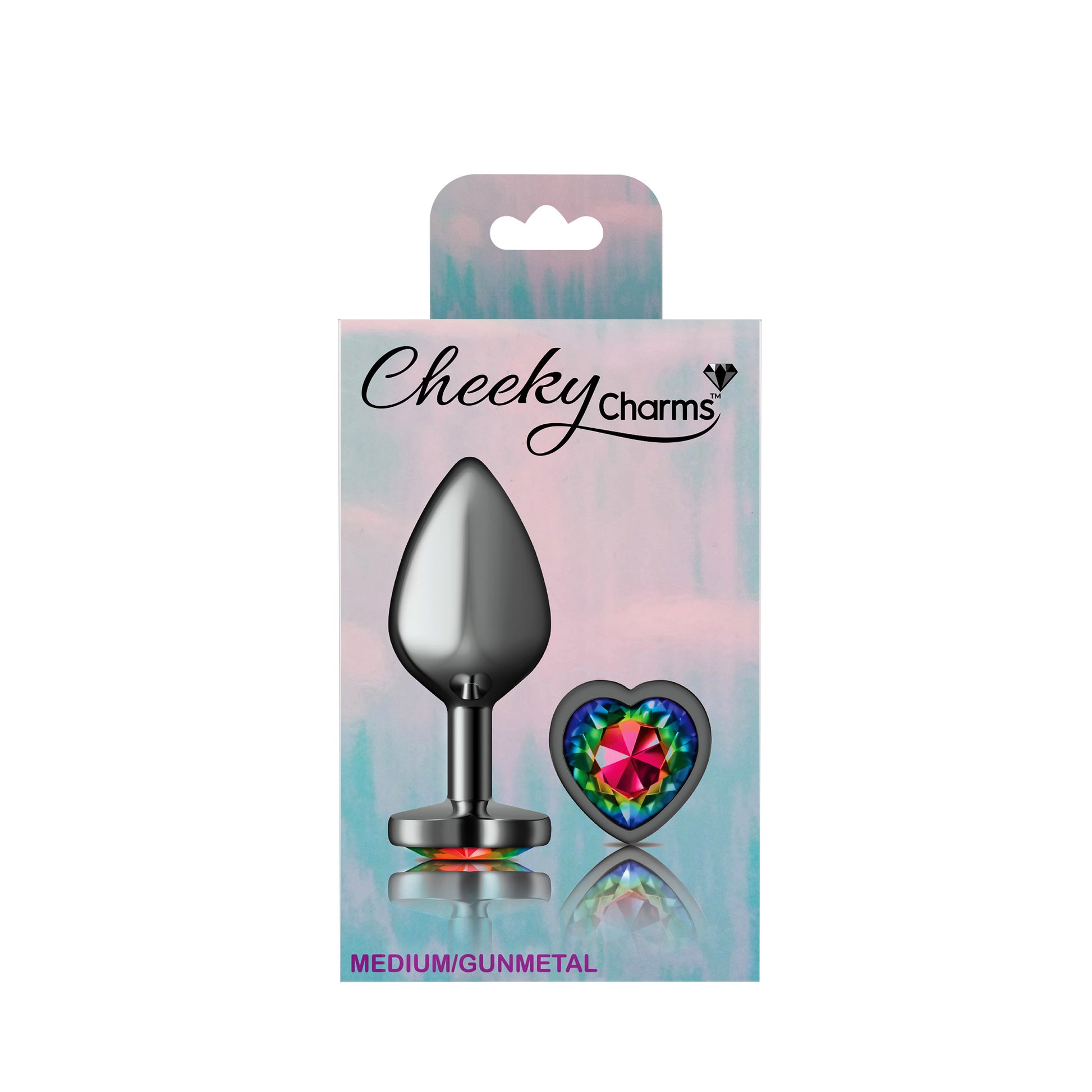 Cheeky Charms-Gunmetal Metal Buttplug- Heart-Rainbow-Medium | 850018691338 | Available at EroticWarehouse.com
