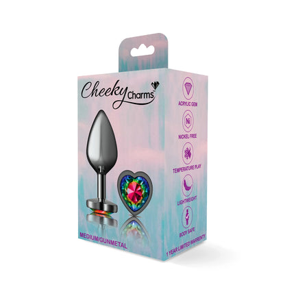 Cheeky Charms-Gunmetal Metal Buttplug- Heart-Rainbow-Medium | 850018691338 | Available at EroticWarehouse.com
