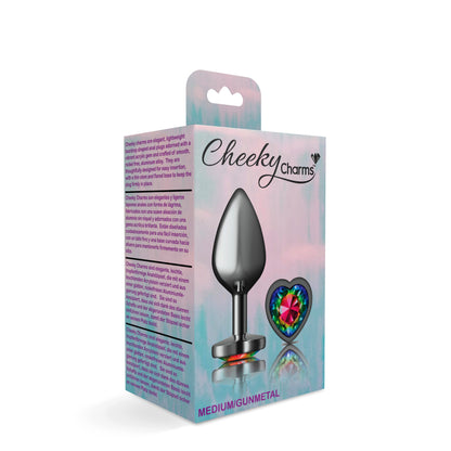 Cheeky Charms-Gunmetal Metal Buttplug- Heart-Rainbow-Medium | 850018691338 | Available at EroticWarehouse.com