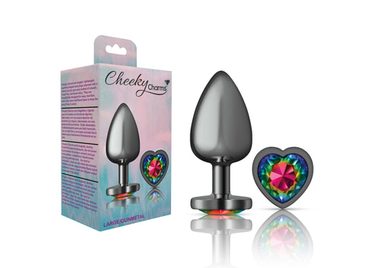 Cheeky Charms-Gunmetal Metal Butt Plug- Heart-Rainbow-Large | 850018691345 | Available at EroticWarehouse.com