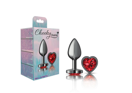 Cheeky Charms-Gunmetal Metal Butt Plug- Heart-Dark Red-Small | 850018691352 | Available at EroticWarehouse.com