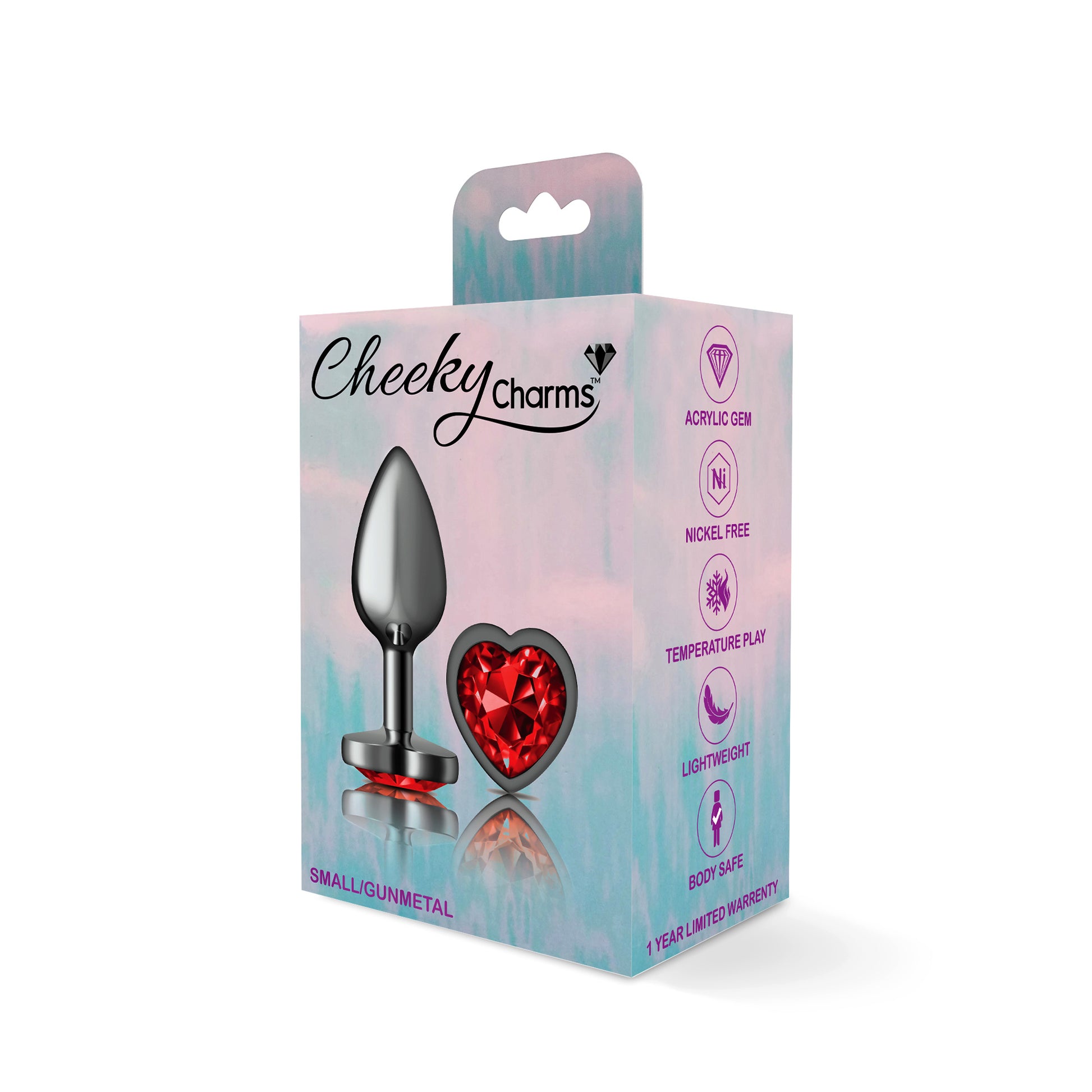 Cheeky Charms-Gunmetal Metal Butt Plug- Heart-Dark Red-Small | 850018691352 | Available at EroticWarehouse.com