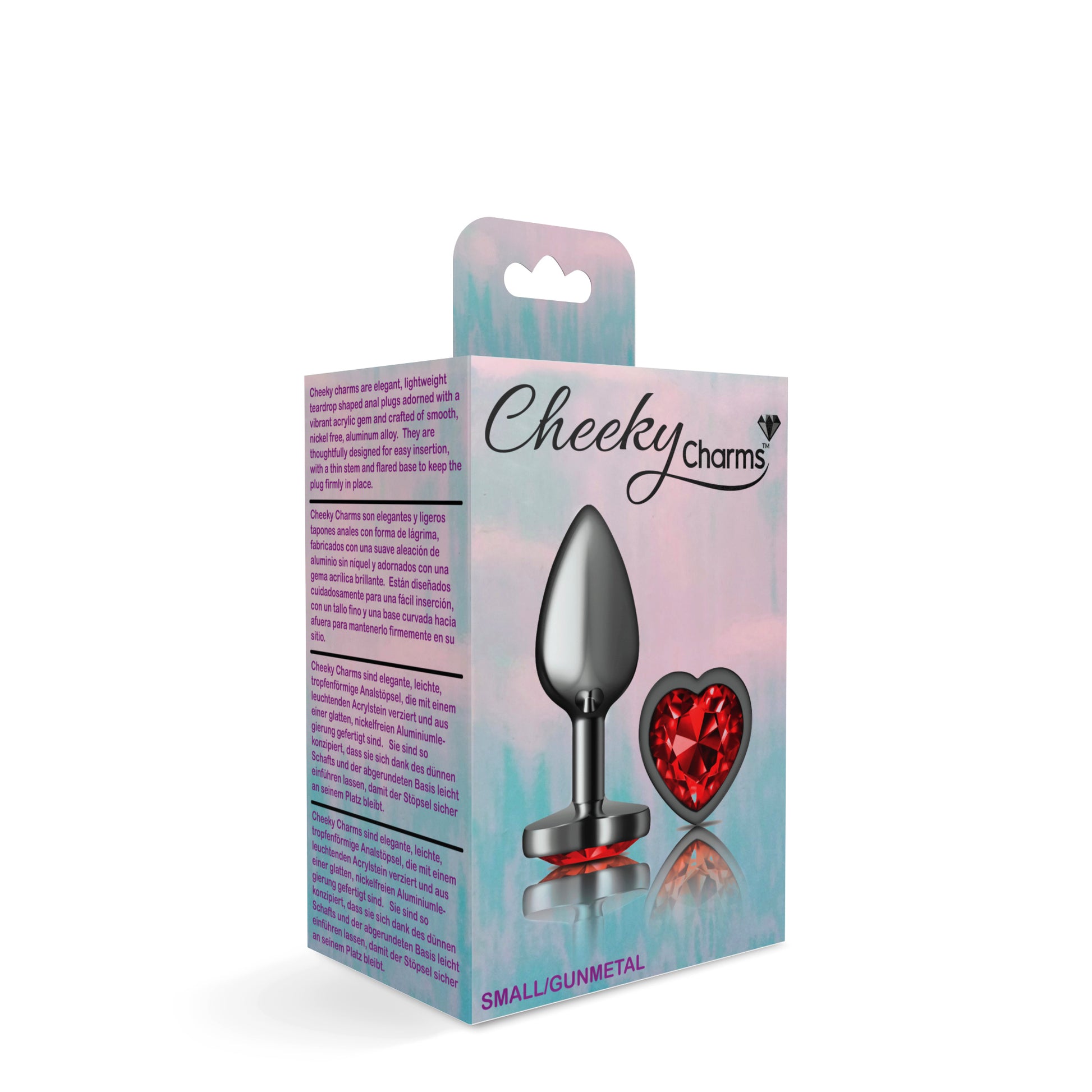 Cheeky Charms-Gunmetal Metal Butt Plug- Heart-Dark Red-Small | 850018691352 | Available at EroticWarehouse.com