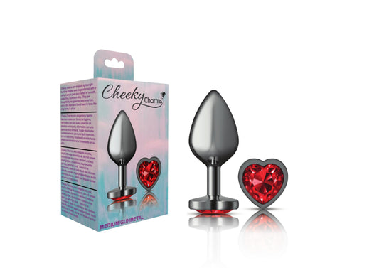 Cheeky Charms-Gunmetal Metal Butt Plug- Heart-Dark Red-Medium | 850018691369 | Available at EroticWarehouse.com