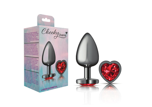 Cheeky Charms-Gunmetal Metal Butt Plug- Heart-Dark Red-Large | 850018691376 | Available at EroticWarehouse.com