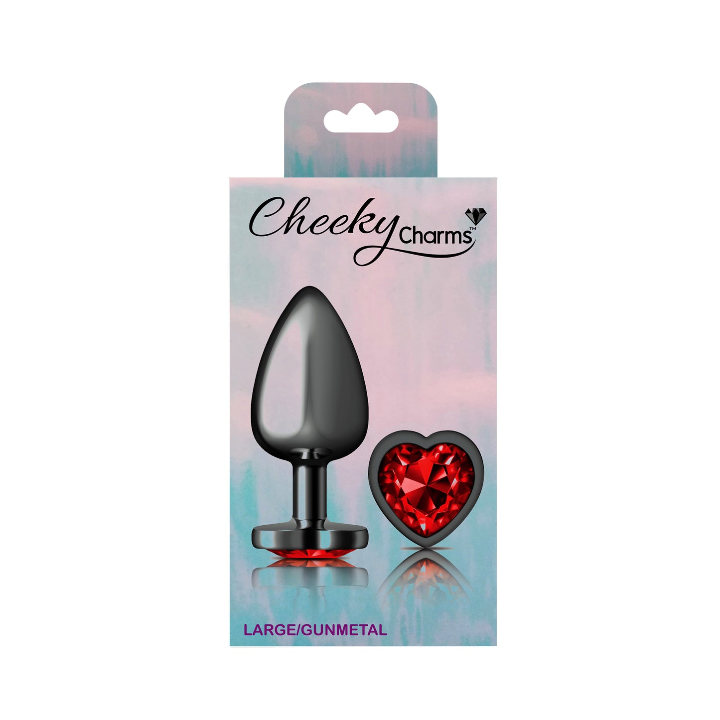 Cheeky Charms-Gunmetal Metal Butt Plug- Heart-Dark Red-Large | 850018691376 | Available at EroticWarehouse.com