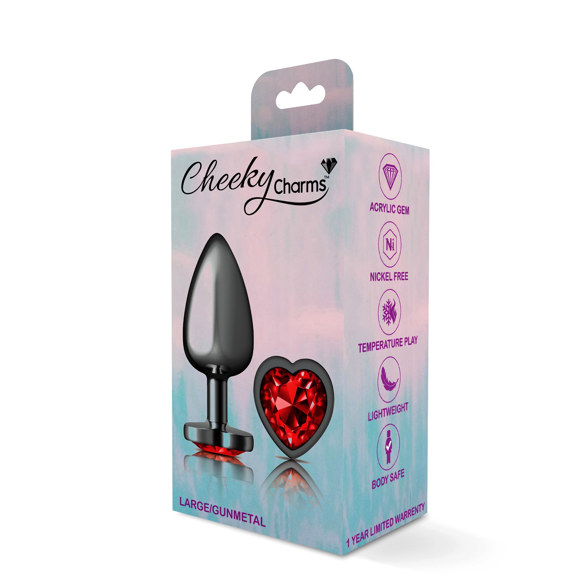 Cheeky Charms-Gunmetal Metal Butt Plug- Heart-Dark Red-Large | 850018691376 | Available at EroticWarehouse.com