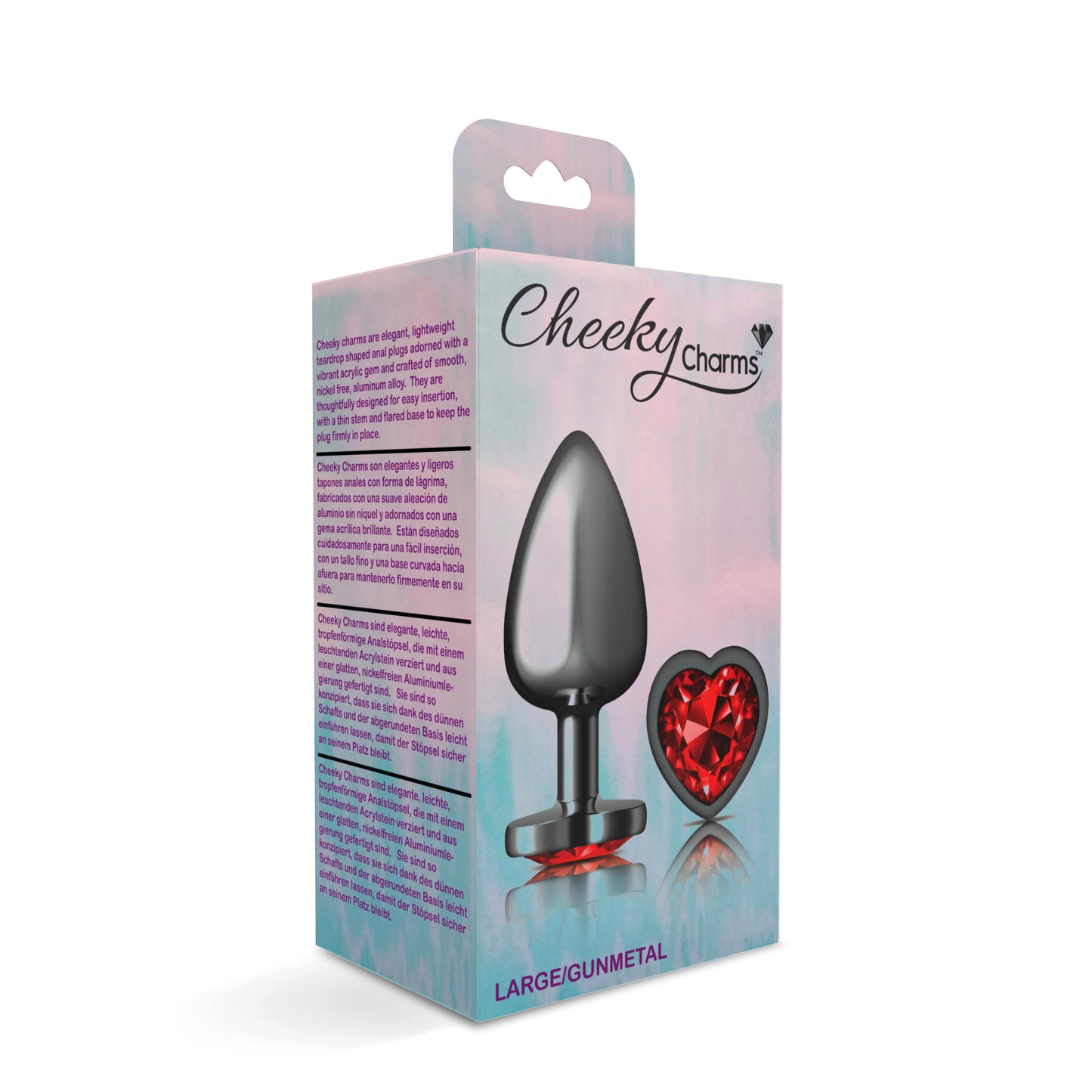 Cheeky Charms-Gunmetal Metal Butt Plug- Heart-Dark Red-Large | 850018691376 | Available at EroticWarehouse.com