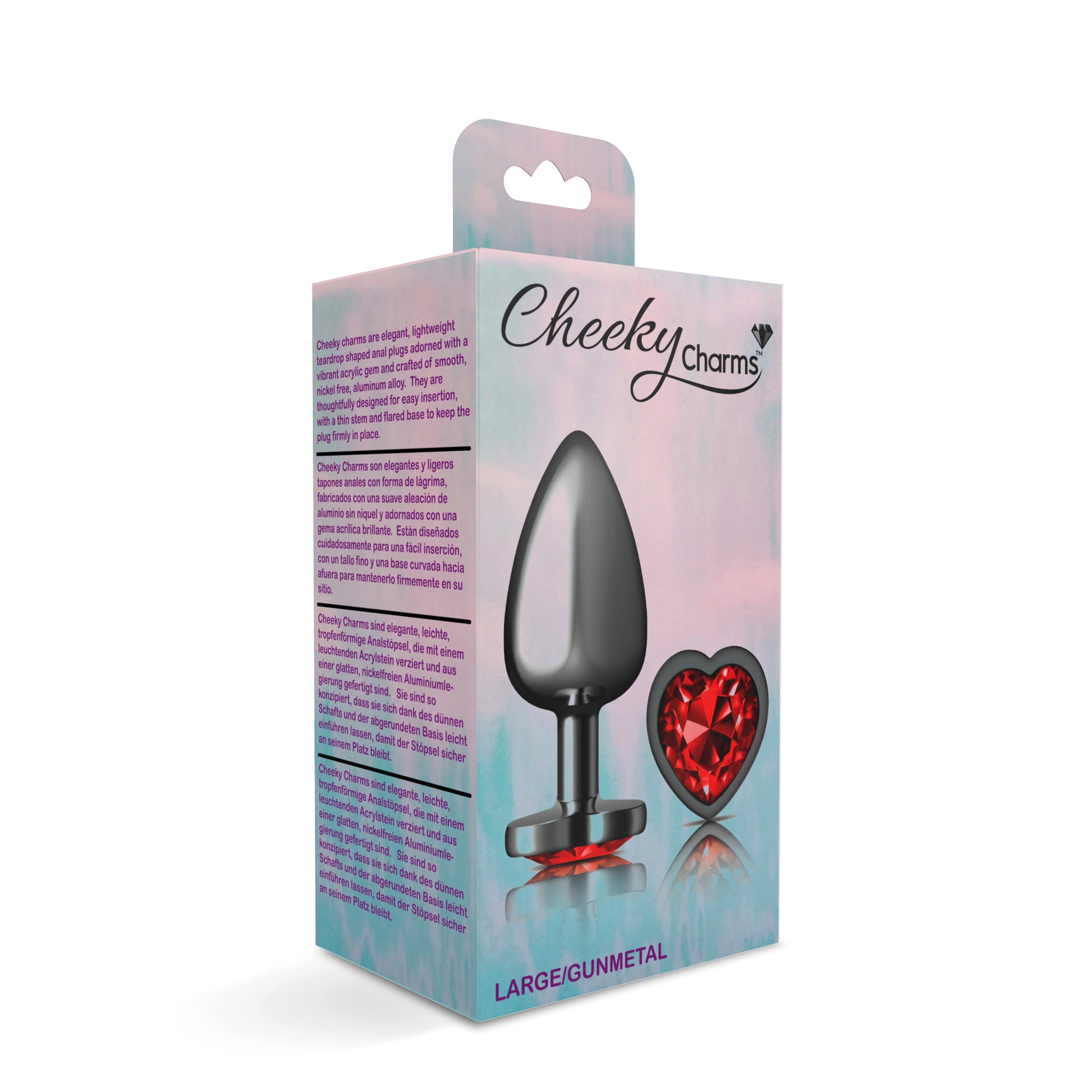 Cheeky Charms-Gunmetal Metal Butt Plug- Heart-Dark Red-Large | 850018691376 | Available at EroticWarehouse.com