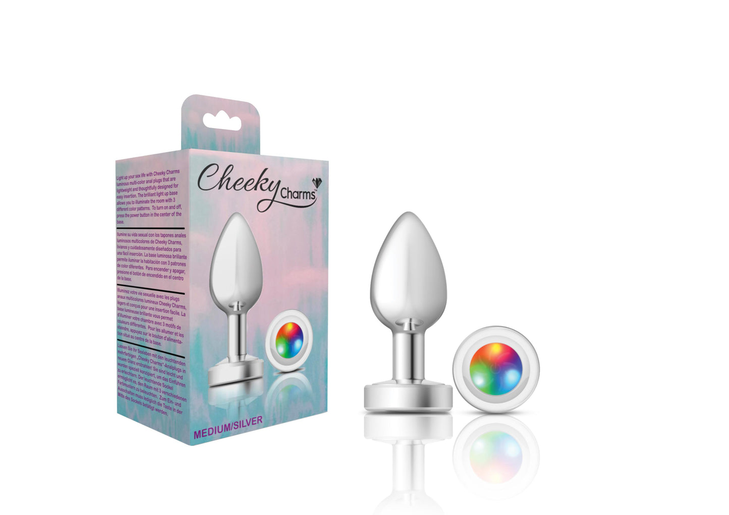 Cheeky Charms-Silver Metal Butt Plug- Light Up-Medium | 850018691390 | Available at EroticWarehouse.com