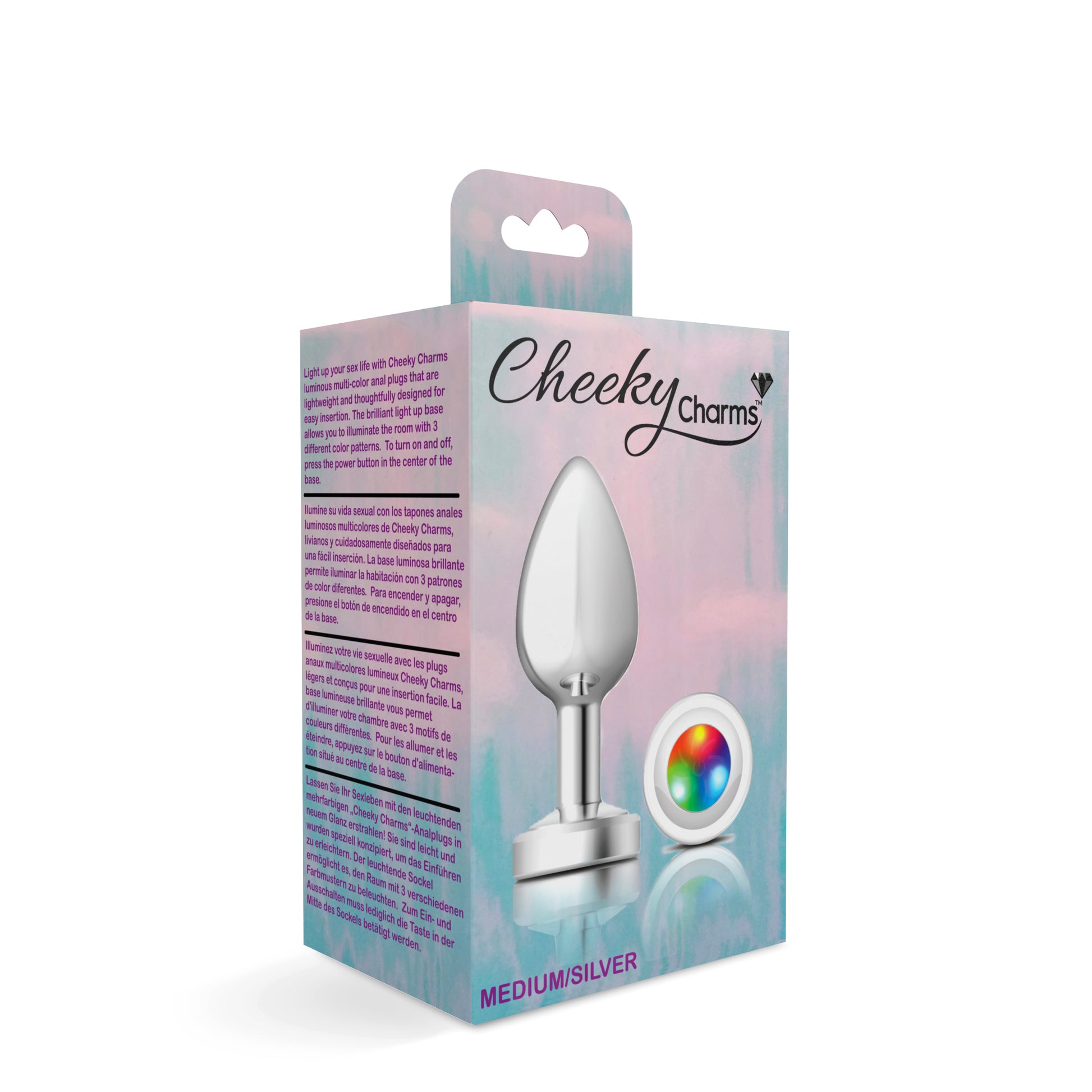 Cheeky Charms-Silver Metal Butt Plug- Light Up-Medium | 850018691390 | Available at EroticWarehouse.com