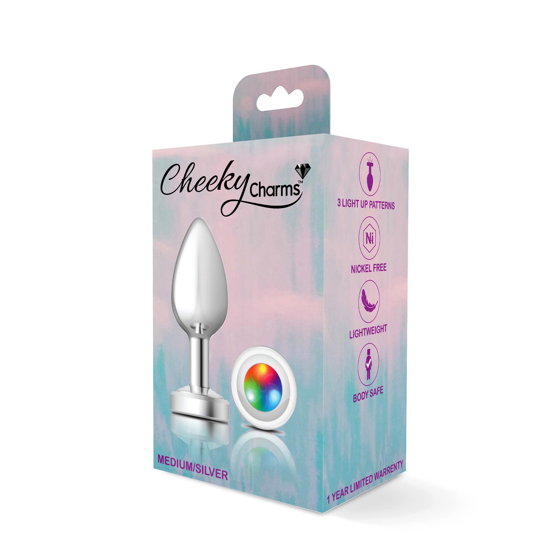 Cheeky Charms-Silver Metal Butt Plug- Light Up-Medium | 850018691390 | Available at EroticWarehouse.com