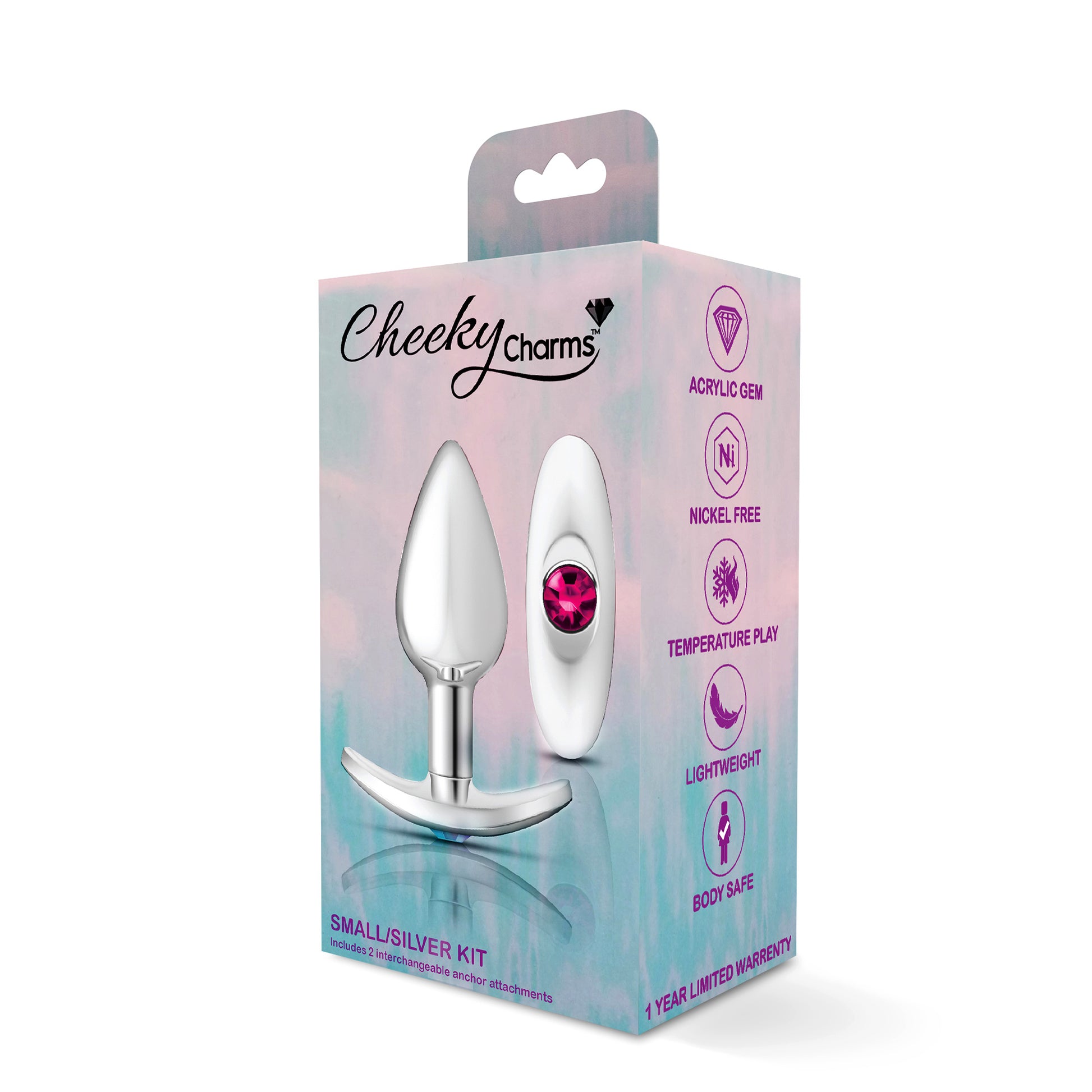 Cheeky Charms-Silver Metal Butt Plug Kit -Clear/bright Pink | 850018691406 | Available at EroticWarehouse.com