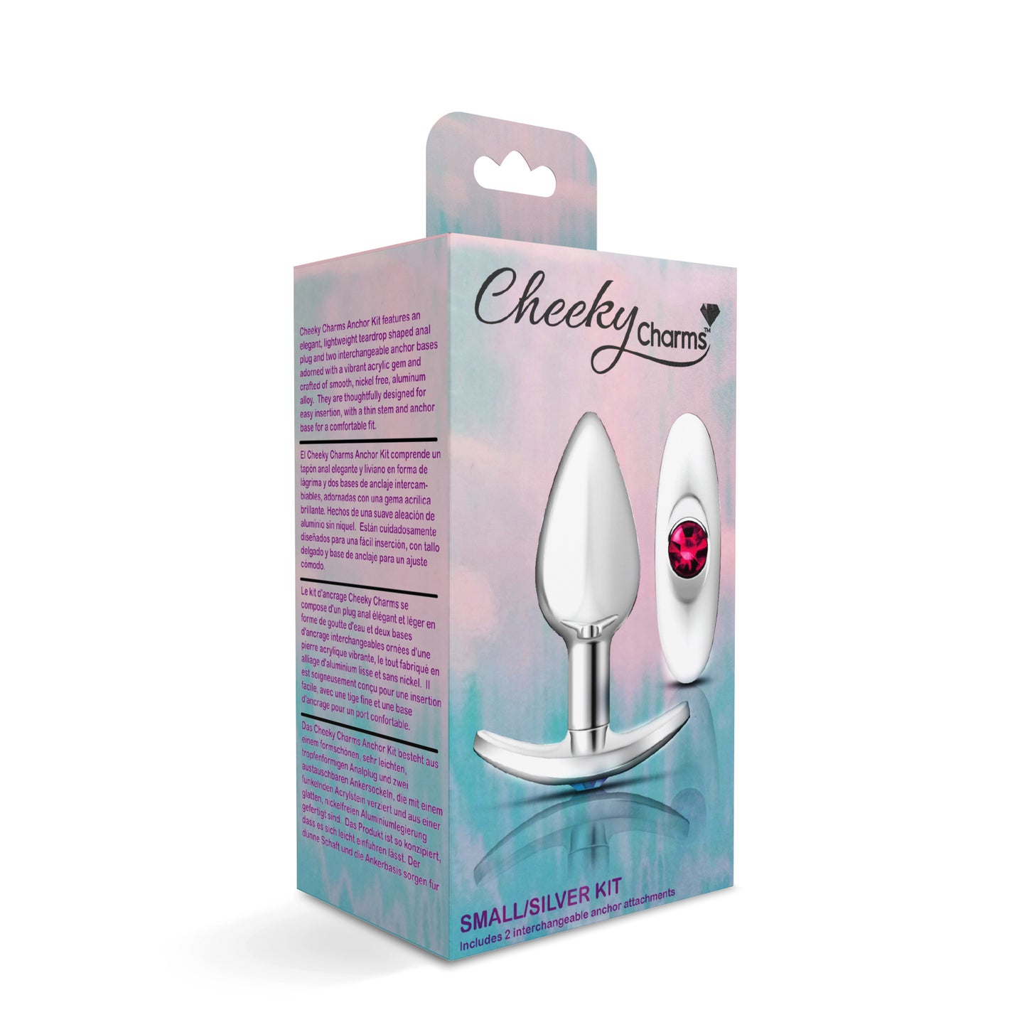 Cheeky Charms-Silver Metal Butt Plug Kit -Clear/bright Pink | 850018691406 | Available at EroticWarehouse.com