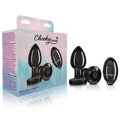 Cheeky Charms - Rechargeable Vibrating Metal Butt Plug With Remote Control - Gunmetal - Medium | 850018691451 | Available at EroticWarehouse.com
