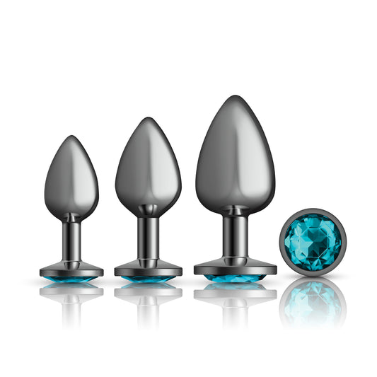 Cheeky Charms - Metal Butt Plug Gunmetal - Round - Teal - Anal Trainer Kit | 850018691505 | Available at EroticWarehouse.com