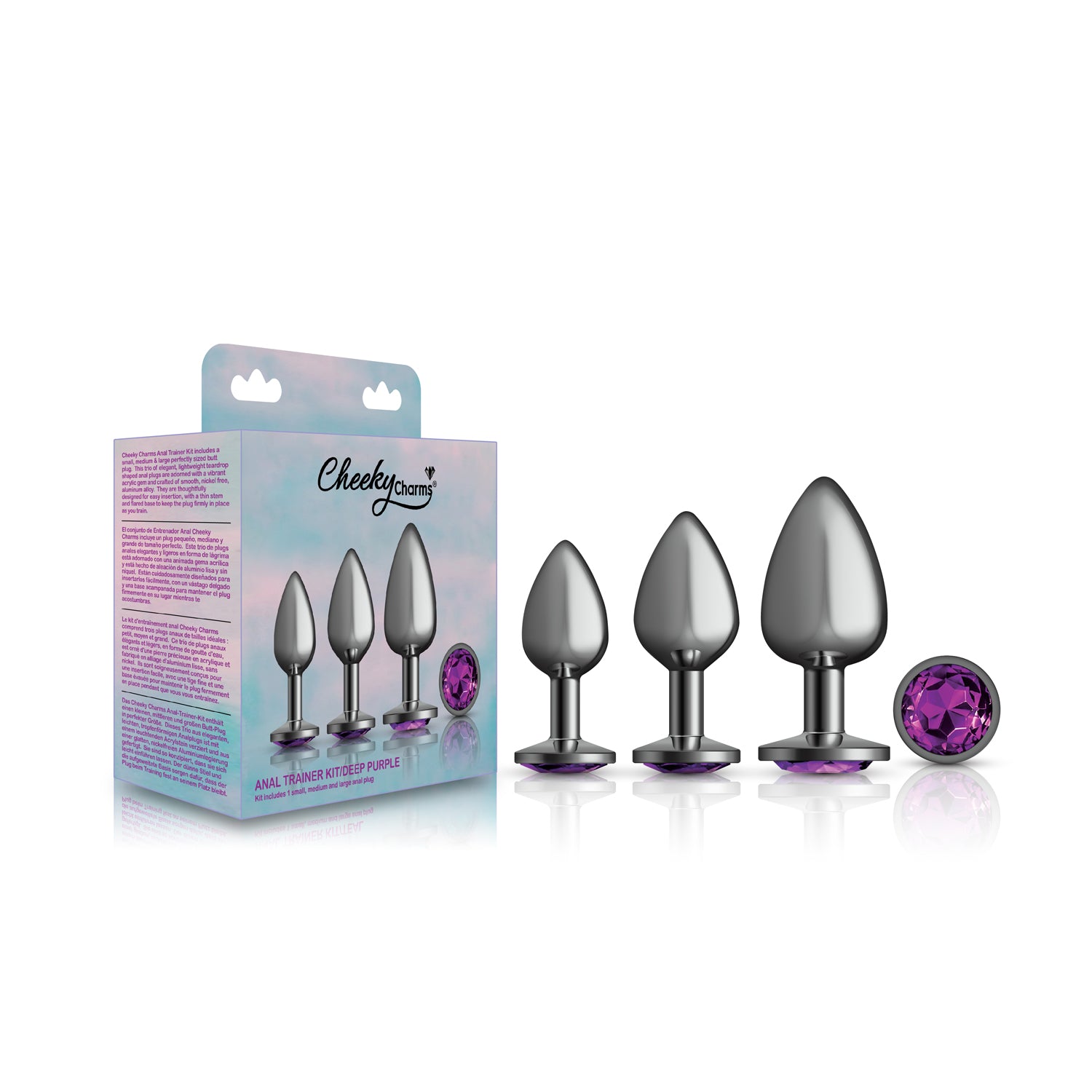 Cheeky Charms - Metal Butt Plug Gunmetal - Round - Deep Purple - Anal Trainer Kit | 850018691512 | Available at EroticWarehouse.com