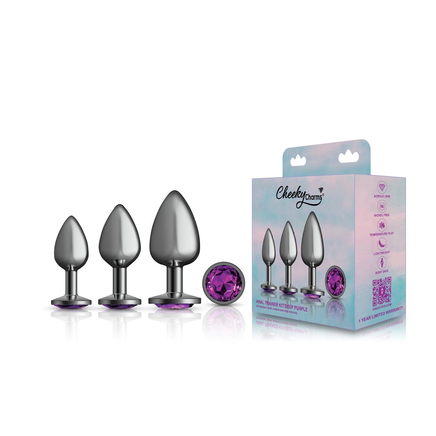 Cheeky Charms - Metal Butt Plug Gunmetal - Round - Deep Purple - Anal Trainer Kit | 850018691512 | Available at EroticWarehouse.com