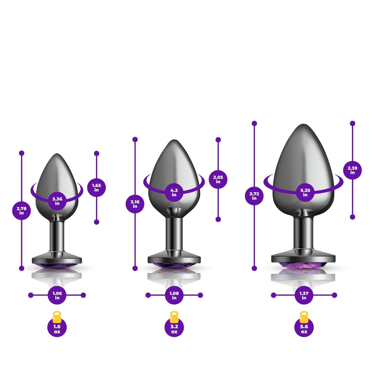 Cheeky Charms - Metal Butt Plug Gunmetal - Round - Deep Purple - Anal Trainer Kit | 850018691512 | Available at EroticWarehouse.com