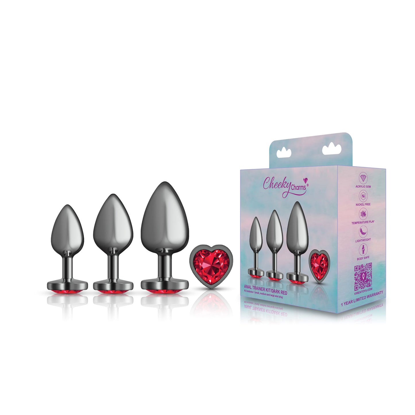 Cheeky Charms - Metal Butt Plug Gunmetal - Heart Dark Red - Anal Trainer Kit | 850018691529 | Available at EroticWarehouse.com