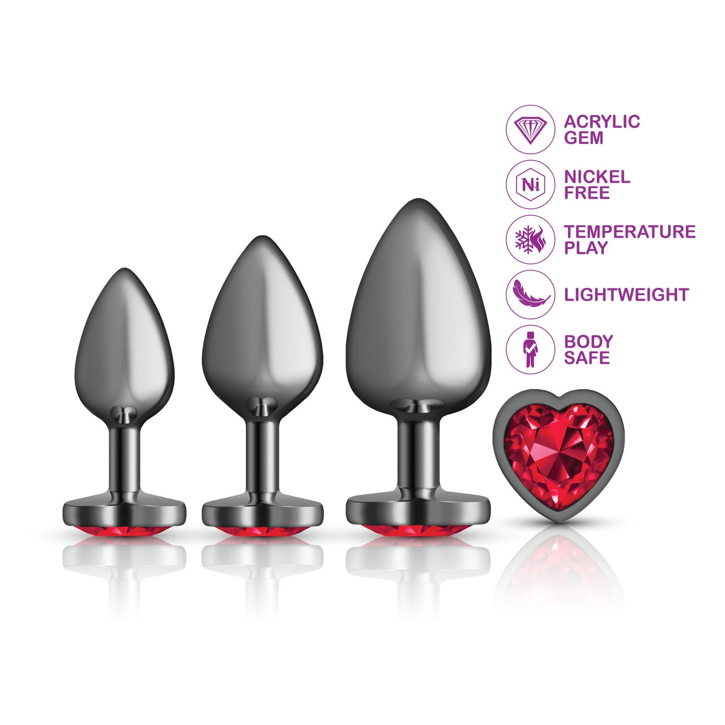 Cheeky Charms - Metal Butt Plug Gunmetal - Heart Dark Red - Anal Trainer Kit | 850018691529 | Available at EroticWarehouse.com